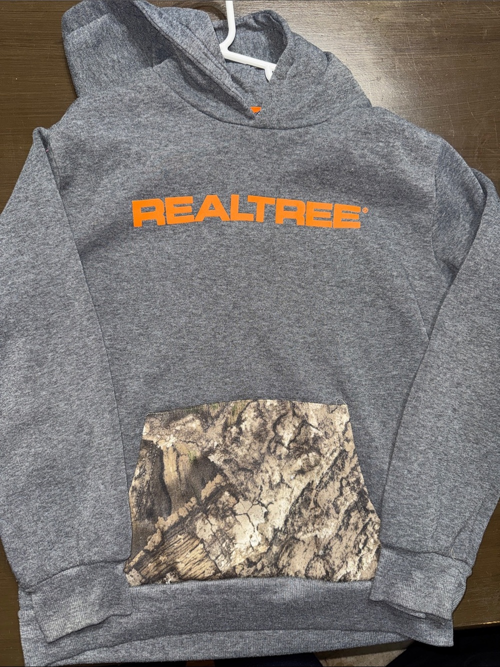 Realtree Heather Gray Hoodie with Orange Logo and Camo Pocket